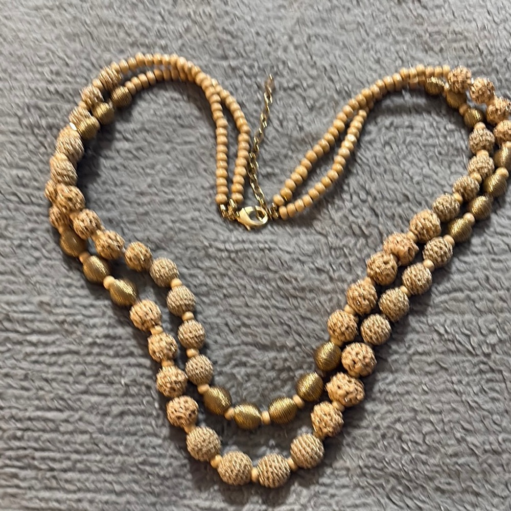 Chico's Textured Gold and Tan Beaded Necklace